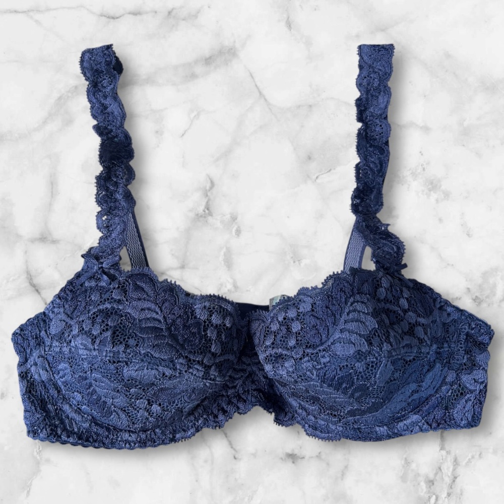 Barbara Paris Vintage Bra Midnight Blue Lace Demi Underwire Balconette Size 34B - Picture 4 of 8